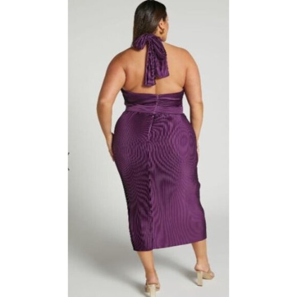 NEW! Show PO Marlette Midi Pleated Open Back Halter Dress Purple Women's 14 - Picture 2 of 12
